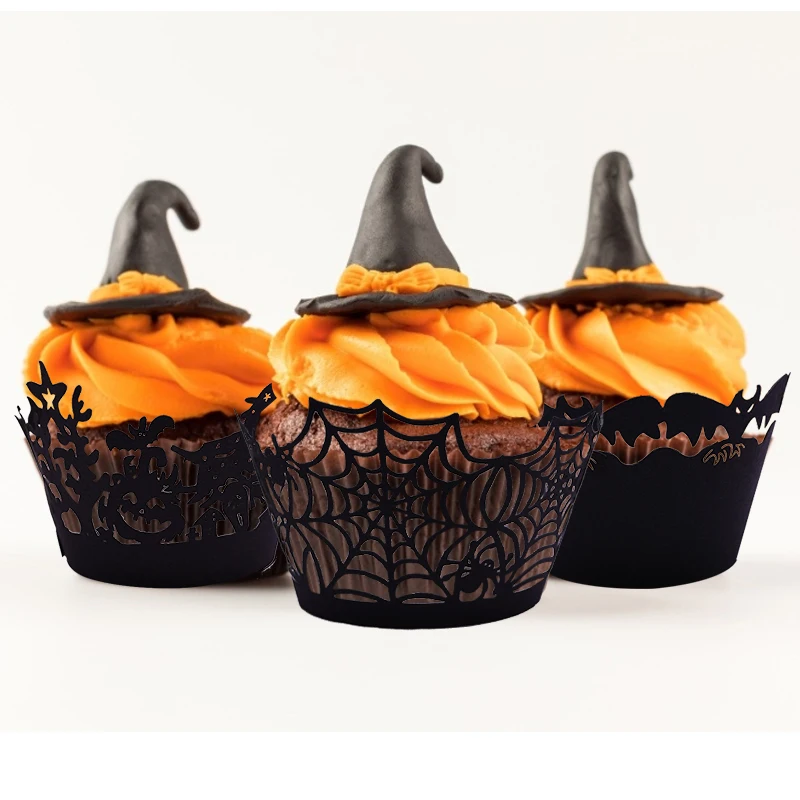 12pcs Halloween Cupcake Wrapper Hollow Out Witch Spiderweb Castle Paper Cupcake Liner Baking Cup Halloween Party Cake Decoration