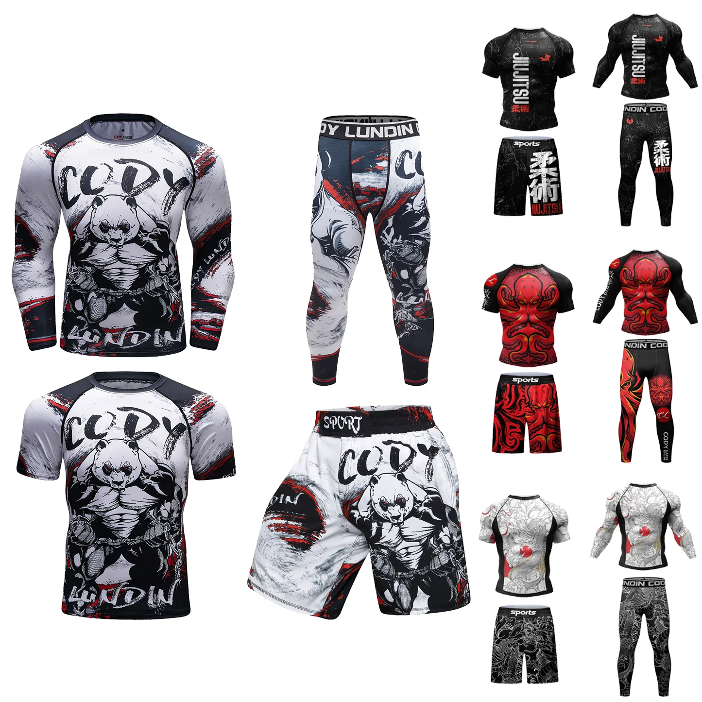 Cody Lundin Men's UV Protection Blouse Boxing Combat Shirt + No Gi Jiu Jitsu Shorts Set Sublimation Rashguard MMA Tracksuit