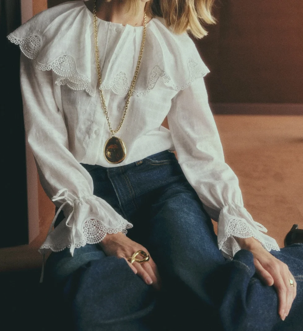 

MOSA Vintage Court Lace Collar White irt Women's Gentle Sle Spring New Bubble Sve Top Cotton Long Sve Blouse