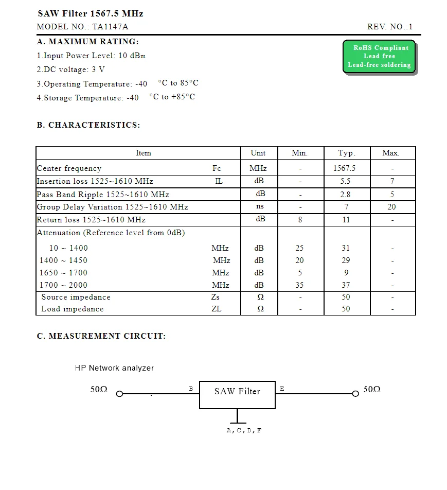 10 peças código ta1147a ma novo original genuíno 1567.5mhz embalado filtro de serra smd em estoque