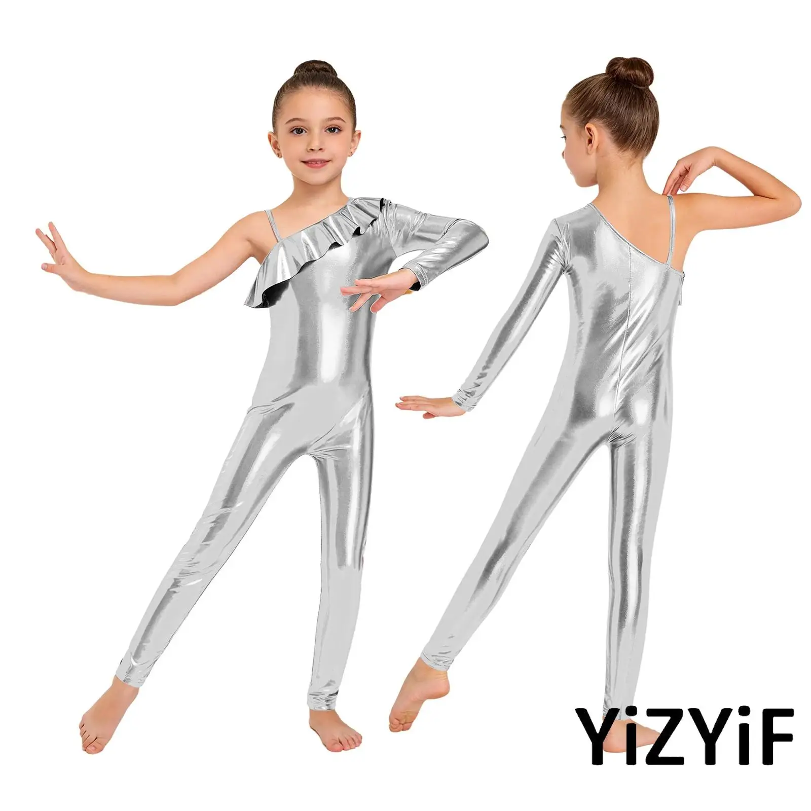 

Girl Ballet Jazz Tango Salsa Dance Competition Costume Metallic Ruffle Side Zipper Jumpsuit Yoga Lyrical Dance Training Bodysuit