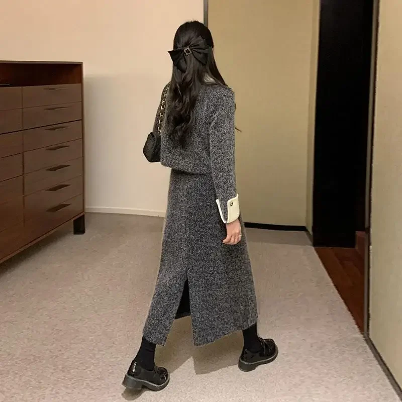 Insozkdg Skirt Suits 2024 New Autumn-Winter Korean-style Ensemble High-end Butterfly Knot Woolen Outerwear + Skirt Two-Piece Set