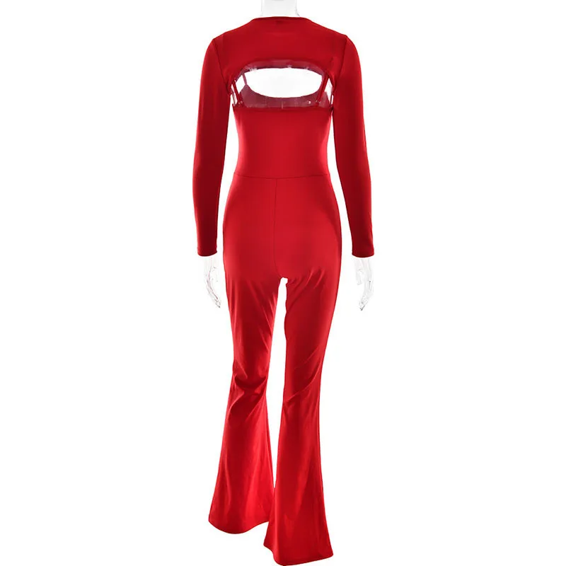 Apprabant Vrouwen Sexy Solid Jumpsuits Tweedelige Set Sexy Ronde Hals Lange Mouwen Kiel Backless Strakke Fit Hemdje jumpsuit