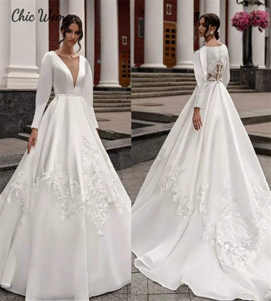 Gorgeous Garden Country Wedding Dress Elegant A Line Satin Long Sleeve Bridal Gowns Lace Roman Western Boho Bride Customized