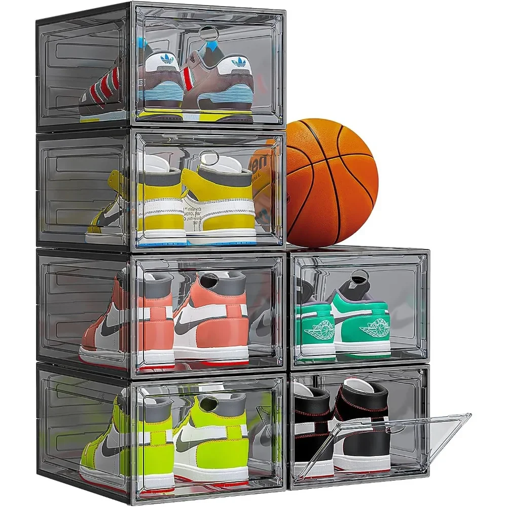 Thicken & Sturdy Clear Shoe Storage Organizer with Magnetic Door, Stackable Shoe Storage Boxes for Closet，Plastic Shoe Box