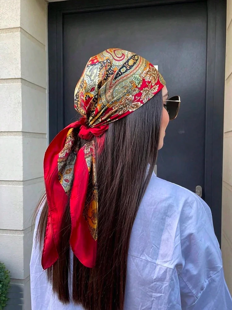 

90 см носовой платок с принтом пейсли, мягкий атласный шарф-хиджаб для женщин, бандана, шарфы для волос, квадратная повязка для волос, шейные шарфы, женские