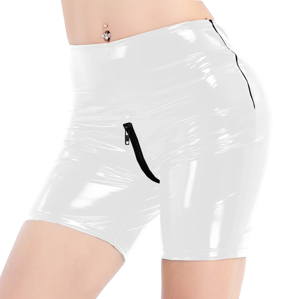 Women's Stretch PVC Leather Shorts, Glossy Latex Look, Mid Waist, Disco Short Pants, Sexy Crotch Zipper, Bodycon Hot Pants