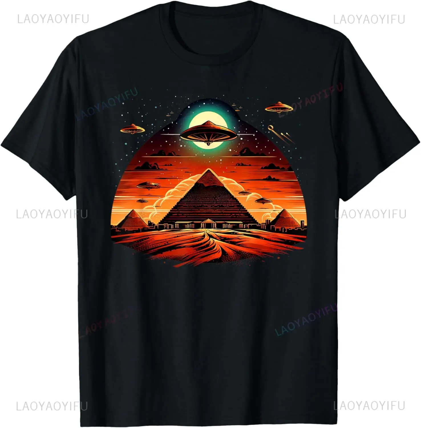 Funny Aliens UFO Egyptian Pyramids Sci-Fi T Shirt Y2K Streetwear Custom Graphic Print Unisex Camisas Casual Tops