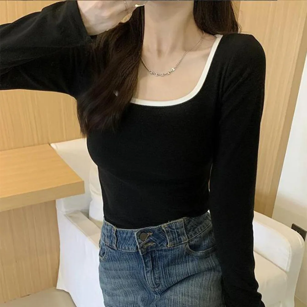 

Long sleeve flocked T shirt square neck contrast color casual top for home daily wear vacation and relaxed outings