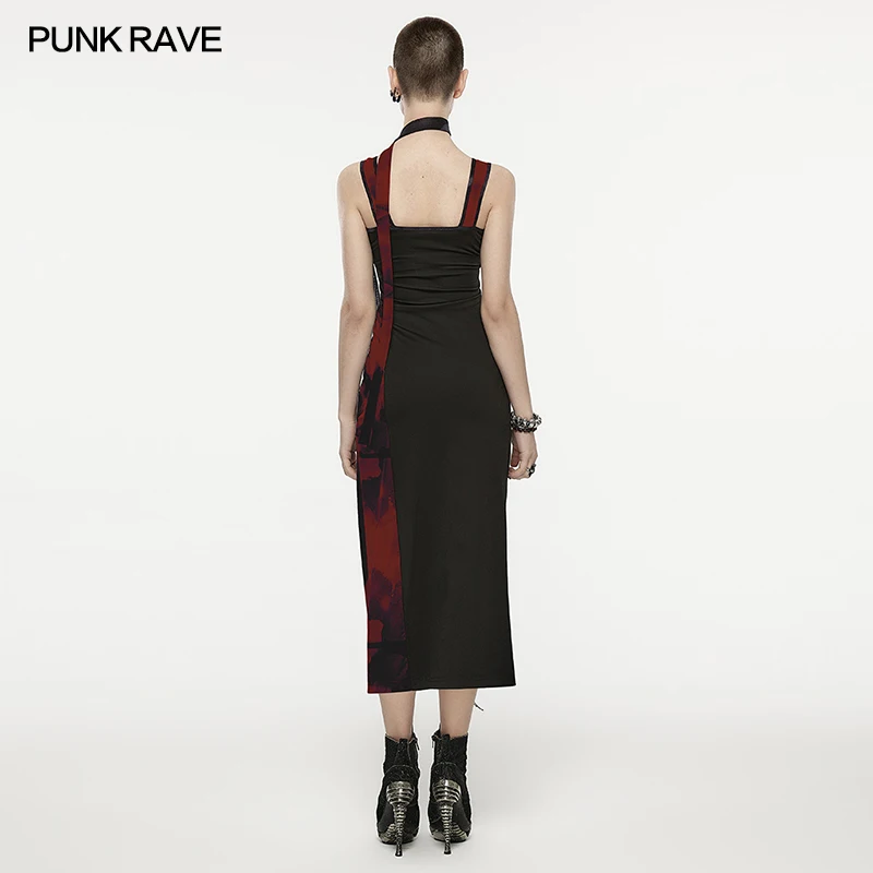 Imagem -03 - Punk Rave-vestido Fino para Mulheres com Tinta Chinesa e Lavagem Vestido Diário Punk Malha Estampada Frente e Verso Emenda Diagonal Irregular Novo