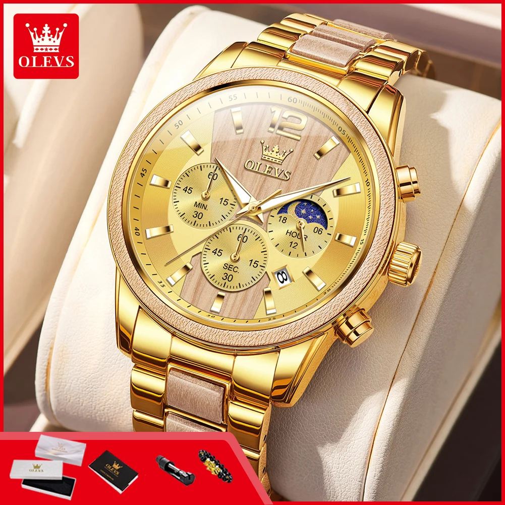 OLEVS 3645 Original Quarz-Armbanduhr für Herren Mode Holz-Mondphasen-Uhr mit Automatischem Datum Chronograph Bestseller Geschäfts-Herrenuhren