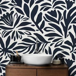 Abstract Leaves Wallpaper,Black Flower Pattern Wall Papers Decal, Black and White Peel and Stick Wallpaper Roll ,Non-Woven Paper