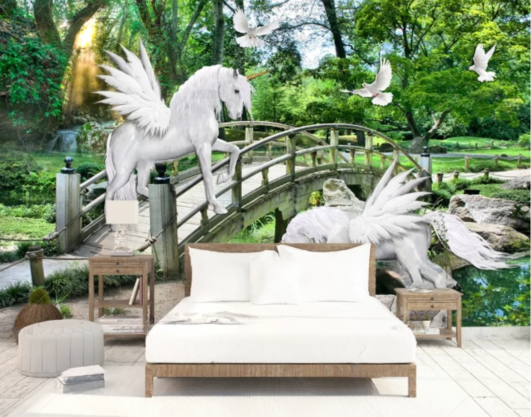 

Мультяшные обои, лесной мост, струящаяся вода, белая лошадь, единорог, детская комната, фон, украшение стены, обои