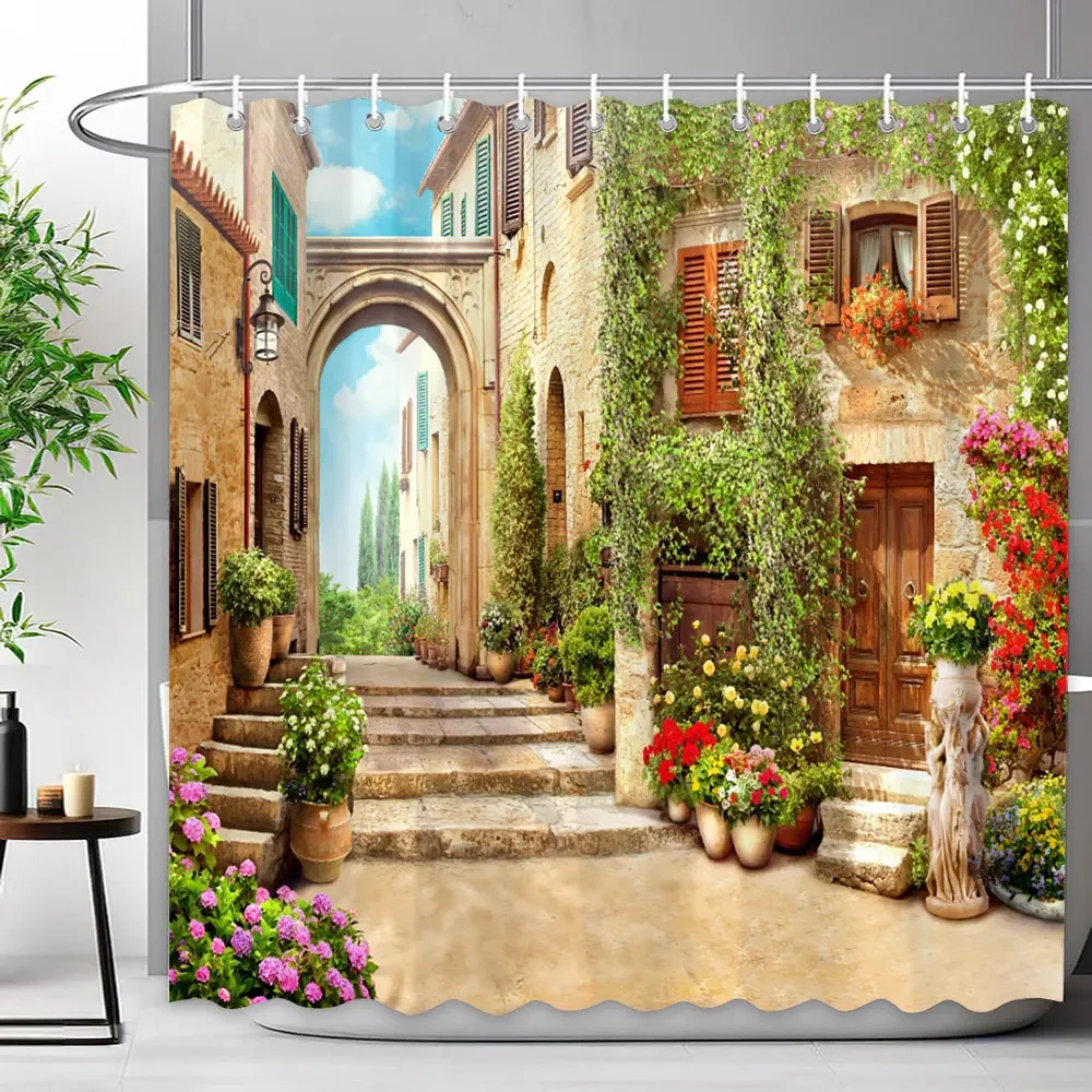 Mediterranean Forest Waterfall Natural Landscape Shower Curtain Polyester Fabric Washable Bath Curtain Bathroom Decor With Hoo