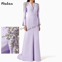 Customized Lilac Long Sleeve Luxury Evening Dresses For Prom Rhinestone Beadings Floor-length Formal Occasion Dresses Party Gown