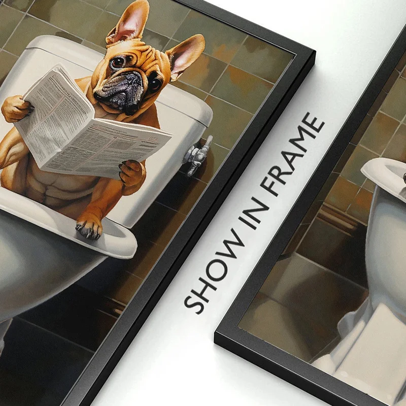 Funny French Bulldog Pug Dog Sit on Toilet Read Newspaper Poster Canvas Painting Print Animal Wall Art for Bathroom Home Decor