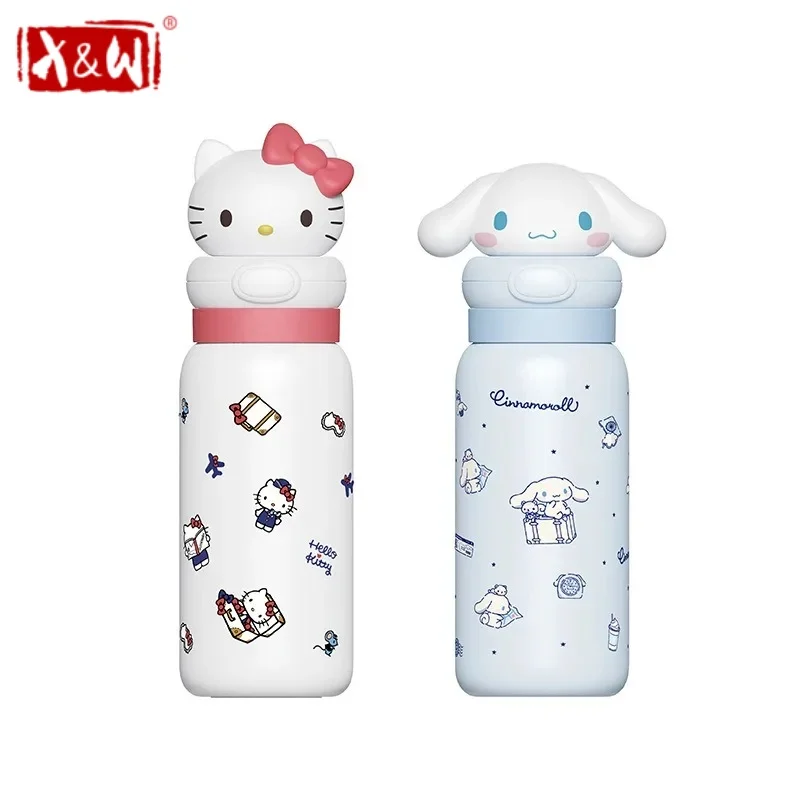 Sanrio 400ml Edelstahl Cartoon Strohhalm-Becher Thermosbecher mit Trageriemen Hello Kitty My Melody Tragbare Kinder-Wasserflaschen