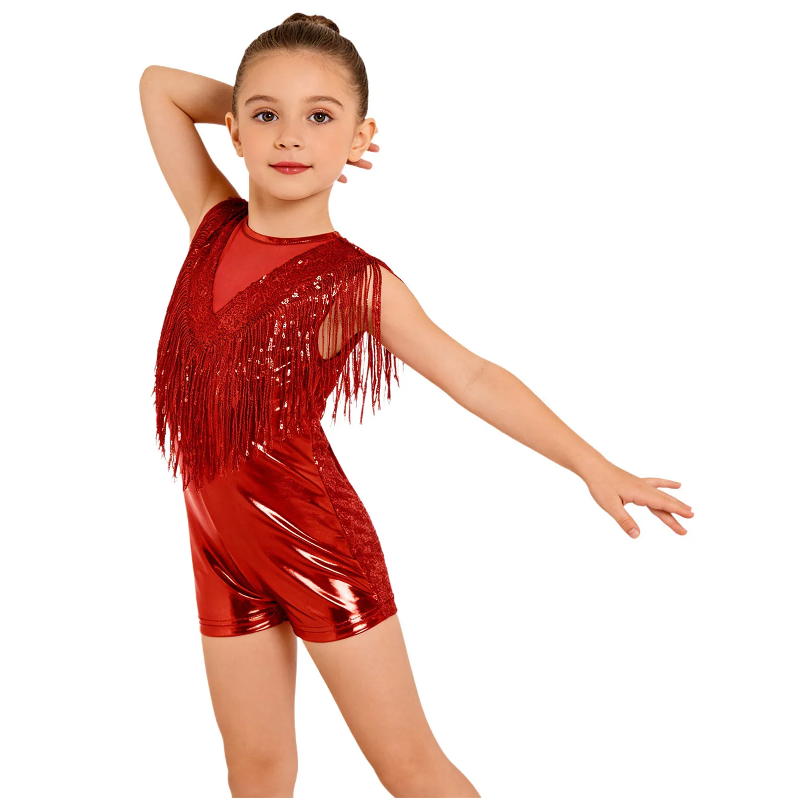 

Kids Girls Metallic Shiny Tassels Disco Jazz Dance Jumpsuit Sleeveless Mesh Sequin Rompers Latin Tango Cha-cha Modern Dancewear