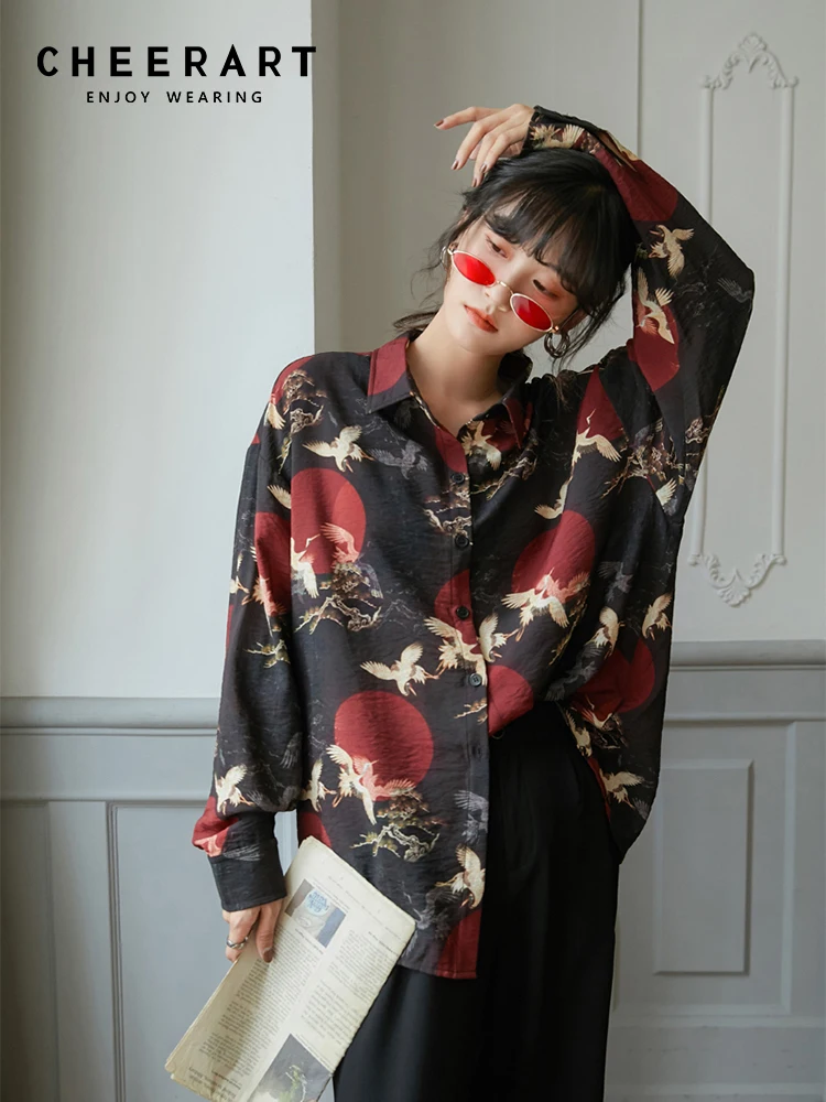 CHEERART Japanese Fashion Long Sleeve Blouse Fall 2020 Women Vintage Top Crane Print Loose Button Up Shirt Autumn Clothing