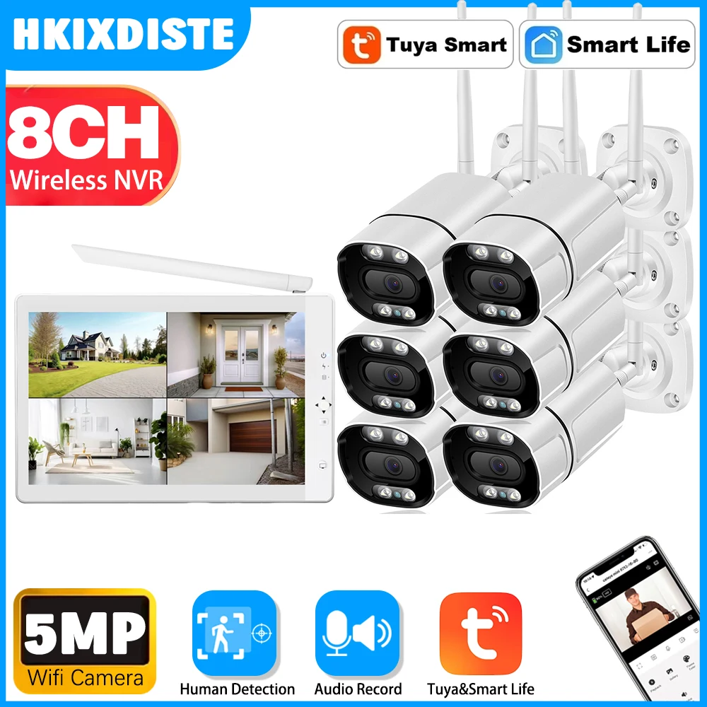 

8CH Wireless 5MP NVR Security Kit 10.1"Inch LCD Monitor WiFi IP Camera Smart Life/Tuya Two-Way Audio CCTV Surveillance System