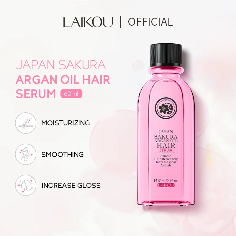 LAIKOU 60ml Puro Sakura Óleo Essencial de Cabelo Essência de Argan Hidratante Nutrir Couro Cabeludo Produtos de Cuidados de Cabelo Seco para Mulher