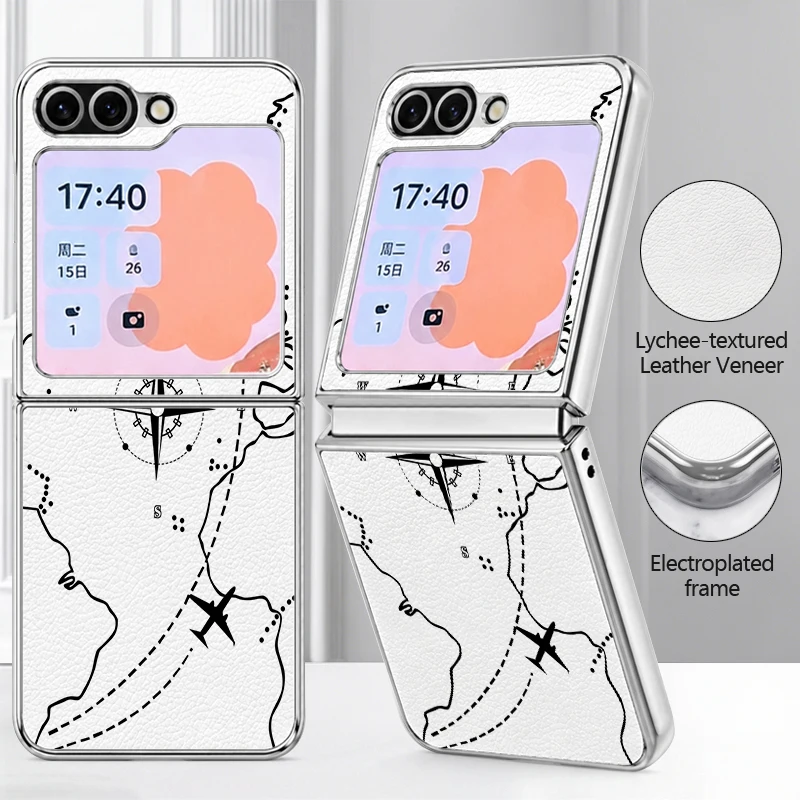 Airplane Route Print Lychee Texture Phone Case For Samsung Galaxy Z Flip7 FE Flip6 Flip5 Flip 7 6 5 Plating PC Frame Hard Cover