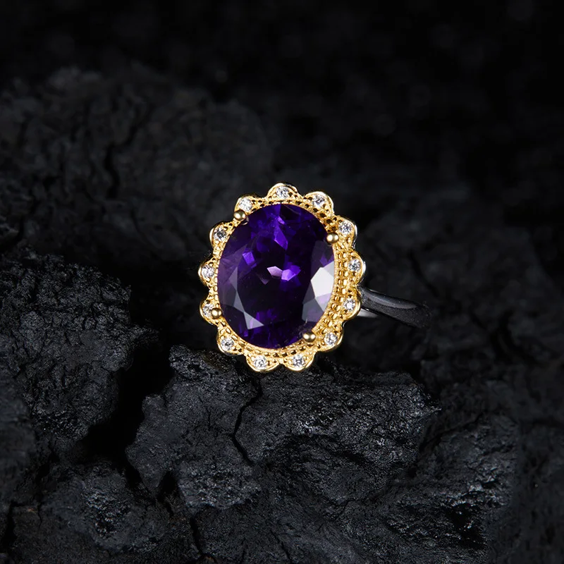 

Hot-Selling Colorful Gemstone Rings925Sterling Silver Inlaid Natural Amethyst Ring Female Flower Design Wholesale