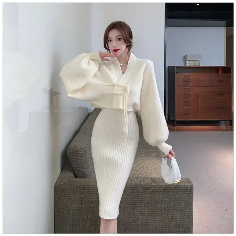 Fall Winter Fashion Knitted 2 Pieces Sets Black Red V Neck Pencil Sling Dress&Long Lantern Sleeve Short Cardigan 2pc Skirt Suits