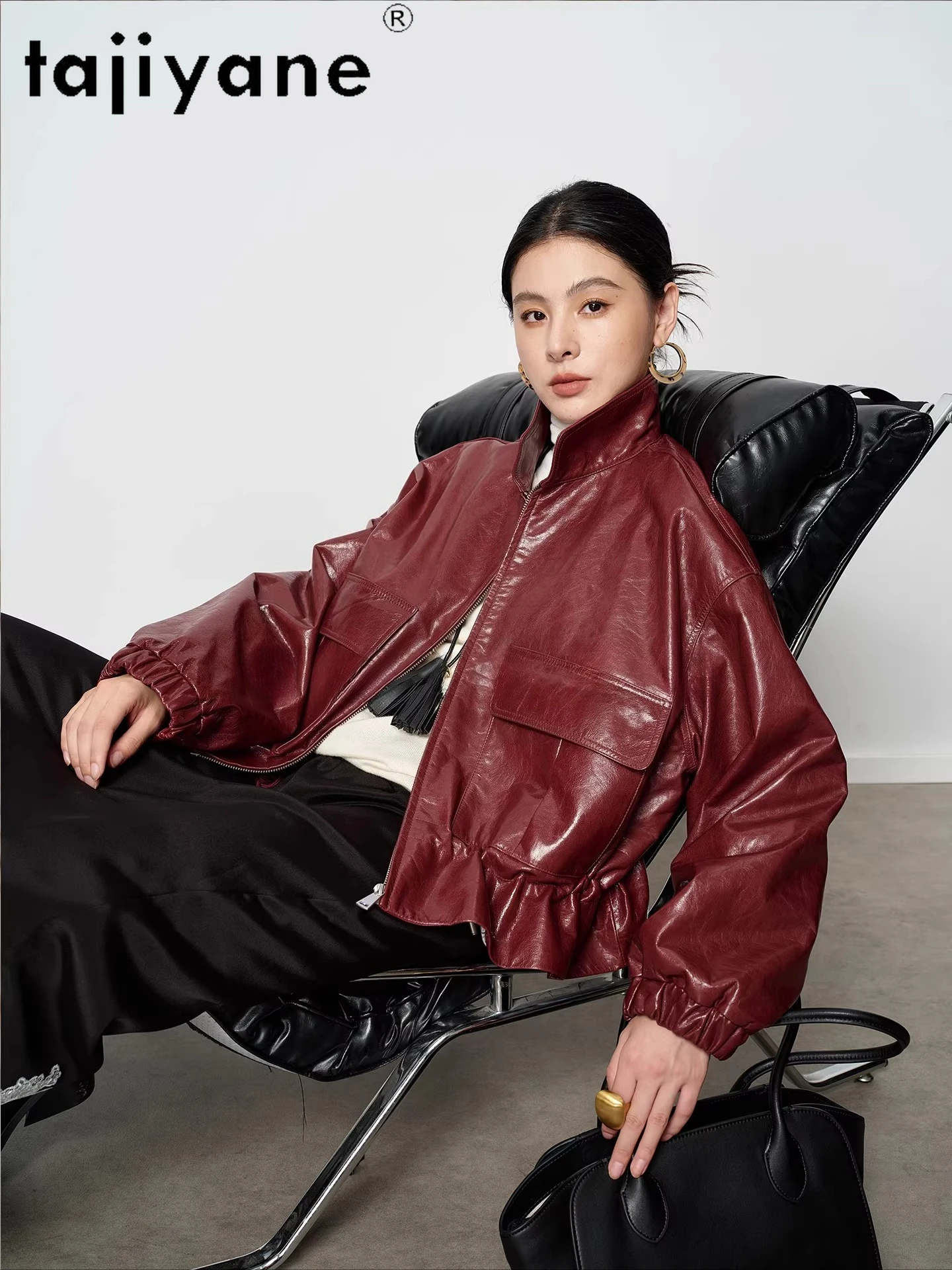 سترة من جلد الماعز الحقيقي من TAJIYANE معطف نسائي قصير أنيق عالي الجودة سترات من الجلد الطبيعي ملابس حريمي خريف 2025 schuba