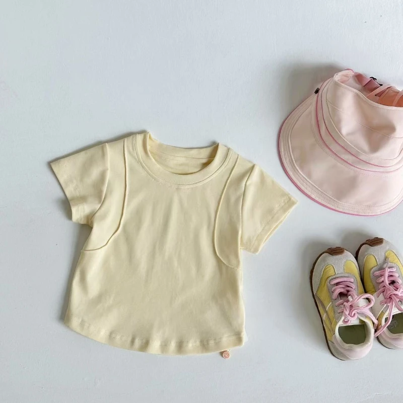 

2025 Summer New Children's Pure Cotton Solid Color Outdoor Irregular Shoulder Line Short Sleeve Top