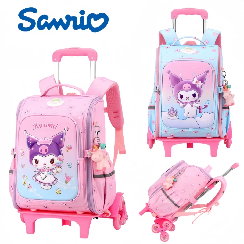 

Sanrio Kuromi Portable Trolley School Bag Cartoon Cute Print Backpack Six-wheel Stair Climbing Detachable Lever Holiday Gifts