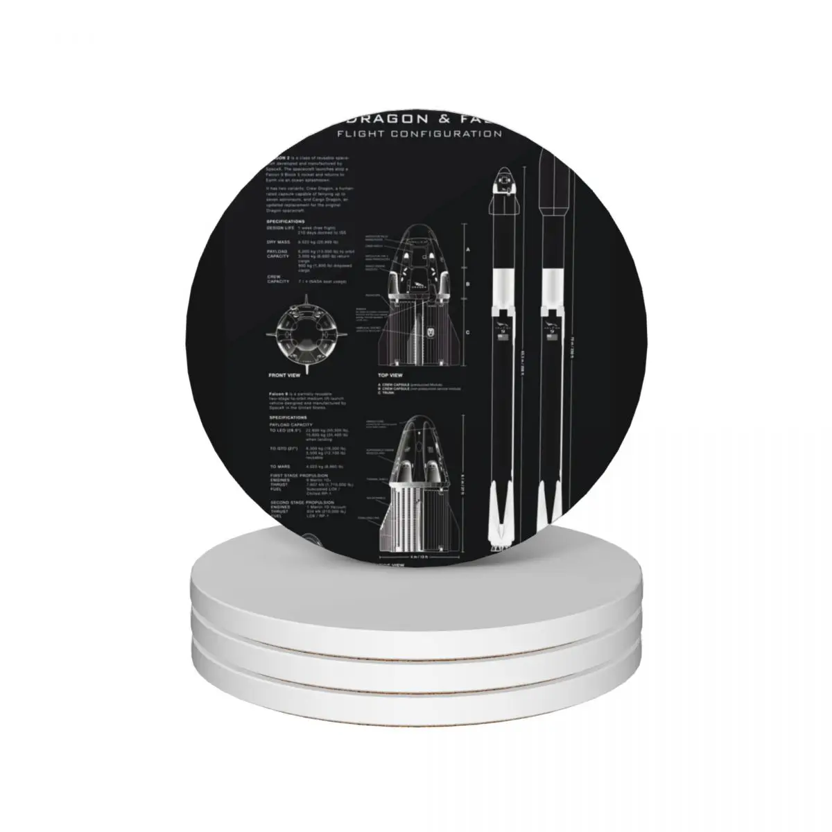 

SpaceX Crew Dragon Spacecraft & Falcon 9 Rocket Blueprint in High Resolution (all black) Ceramic Coasters (Set of 4)