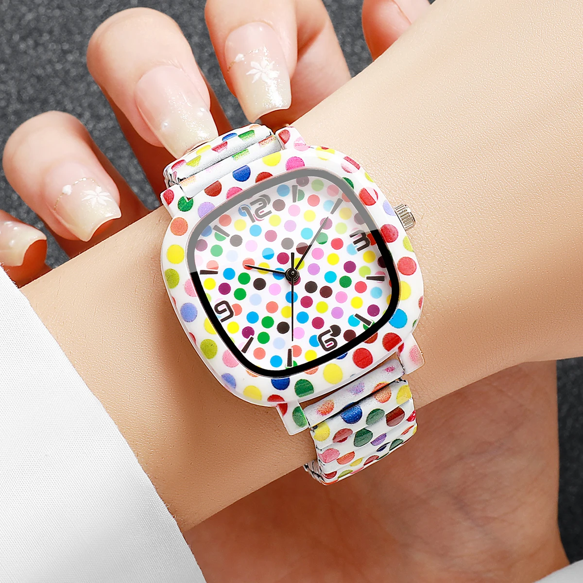 Fashion Square Women Quartz Watch Elastic Stretch Strap Colorful Polka Dot Printed Wristwatch Relogio Feminino（Without Box）