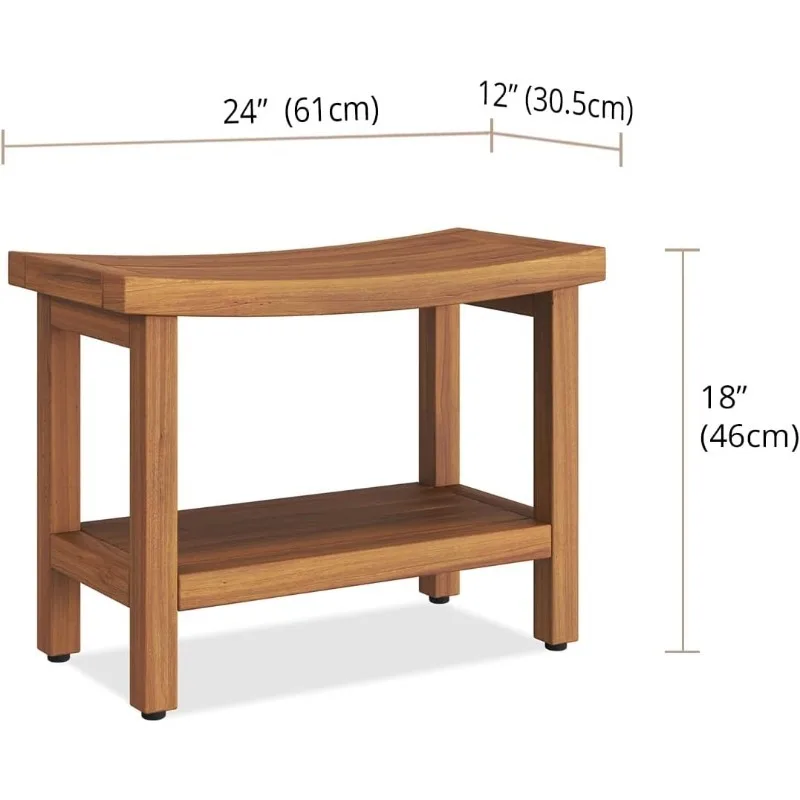 Скамья для душа из тикового дерева Sumba с полкой, некоррозионное оборудование из нержавеющей стали, регулируемые резиновые захватывающие ножки для добавления стабильности