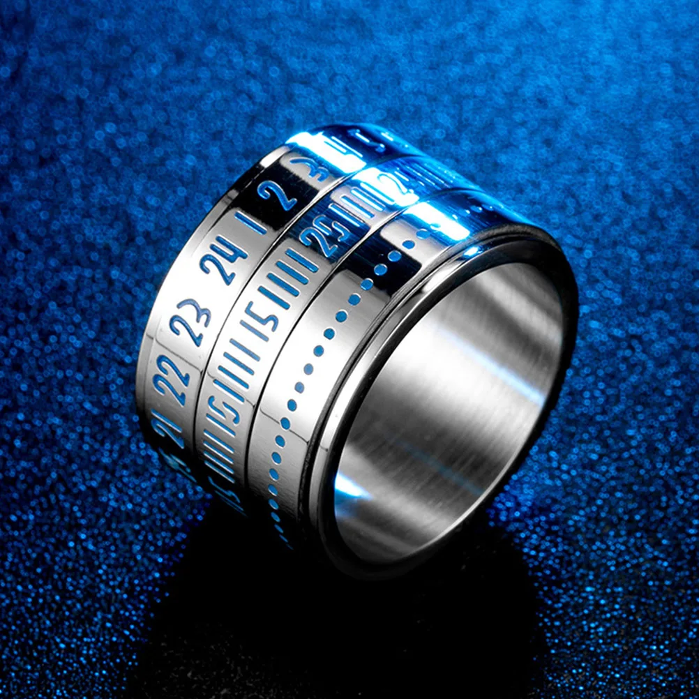 

1pc Fashion Luminous Ring Arabic Number Rotating Titanium Steel Finger Ring Men'S Personality Jewelry Steel Color Size 11#