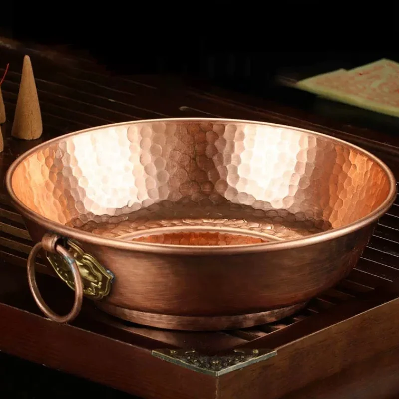 Red Copper Aromatherapy Dish,Engraving Hammer Texture Incense Pile Plate,Tibetan Religious Item Tray Desktop Altars Decorative