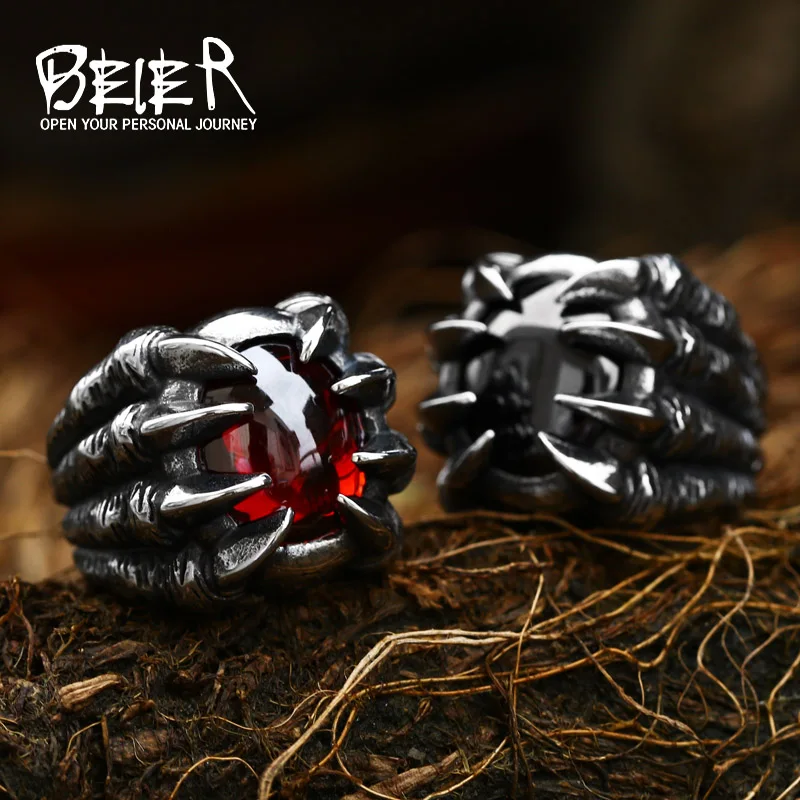 Beier New Store 316L Stainless Steel Fashion Dragon Claw Red Black Stone Men And Women Ring High Quality Jewelry LLBR8-046R