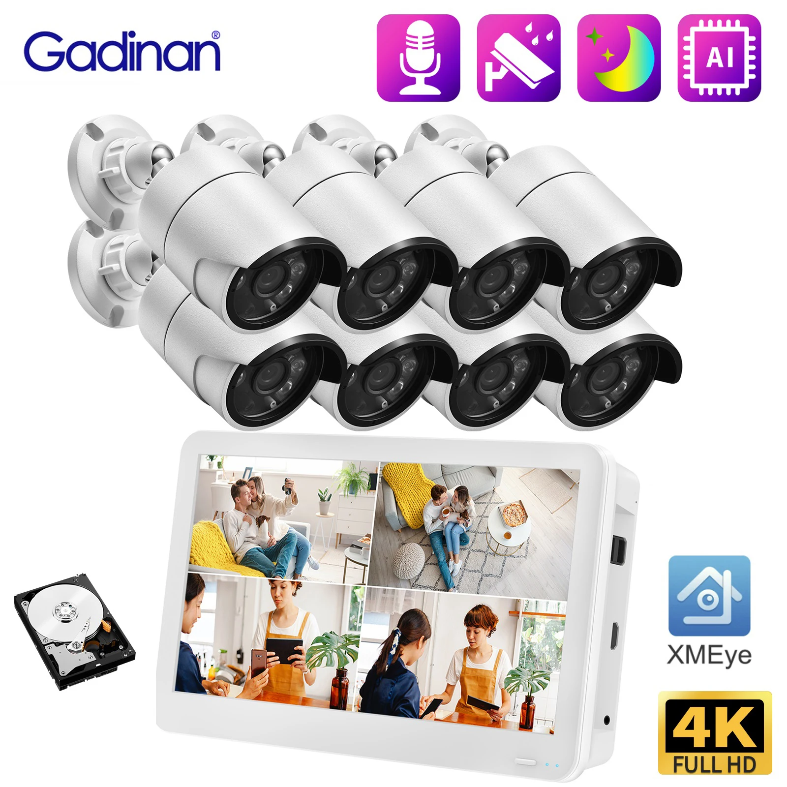 Gadinan Outdoors IP66 Waterpoorf Full Color Night Vision IP Camera set 8CH/4CH 12inch LCD TFT EDP 8MP 4K POE NVR Security Camera