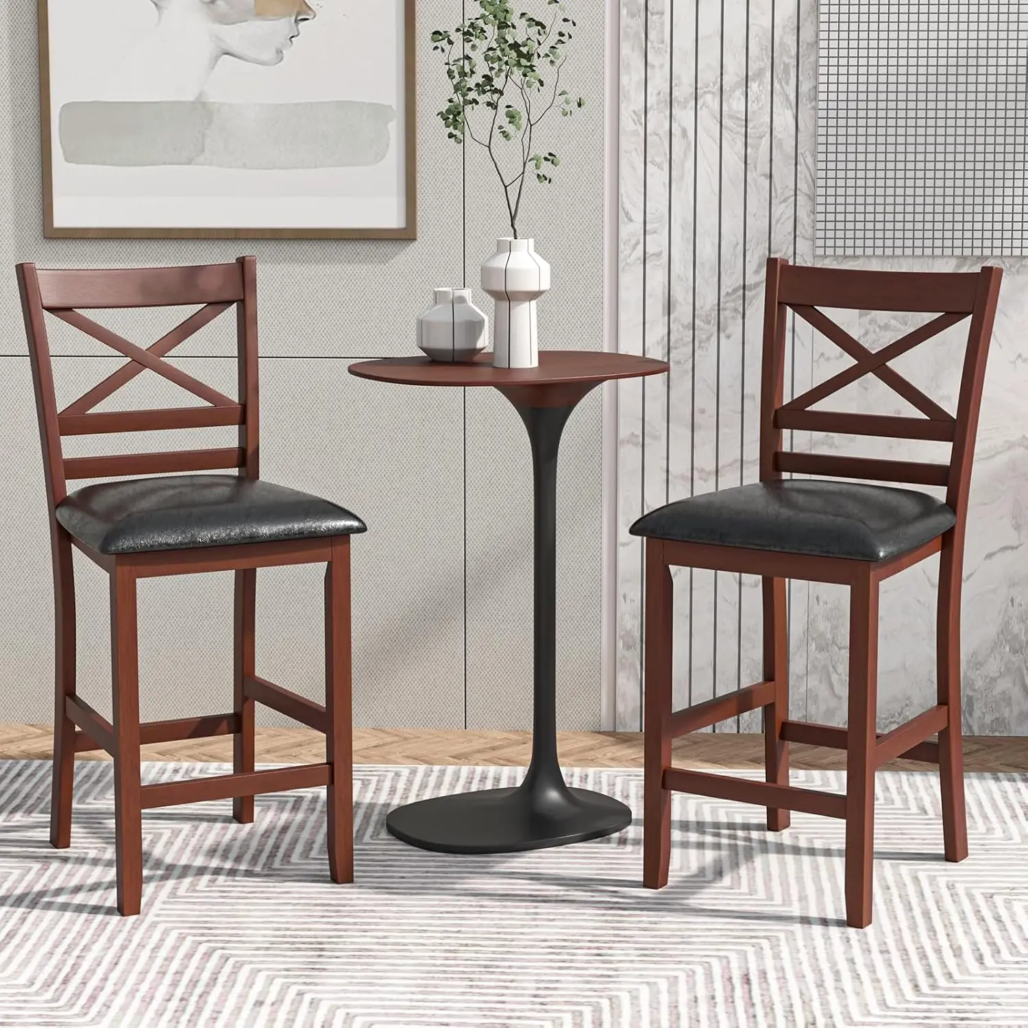 Barstools Set of 2, 25” Counter Height Mid Century Modern Island Chairs with Back, Soft Cushion & Faux Leather Seat, Simplistic