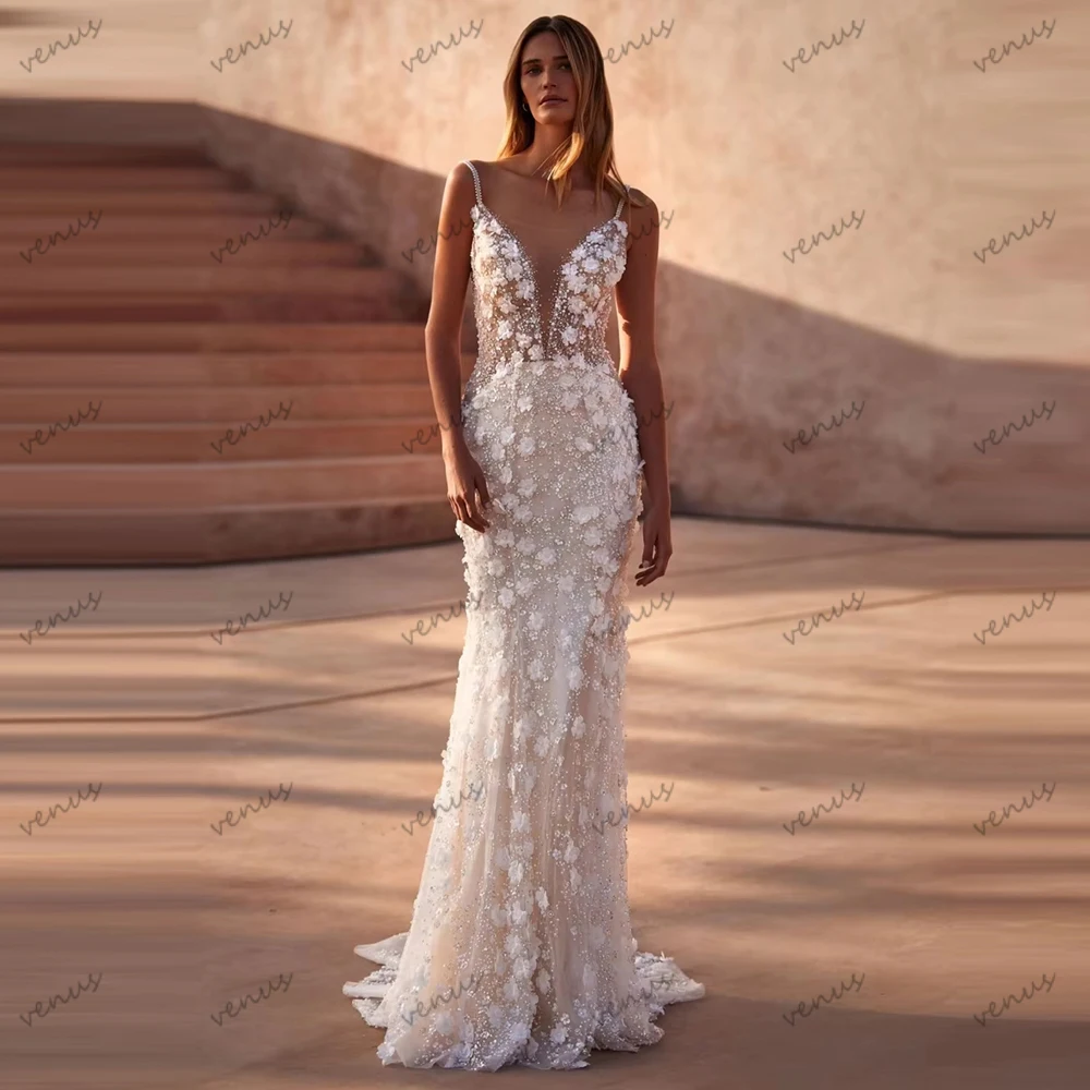 فساتين زفاف رائعة زي العرائس الرائع أردية فاخرة زينة ثلاثية الأبعاد بدون أكمام بدون ظهر فيستدوس دي نوفيا مخصصة 2026