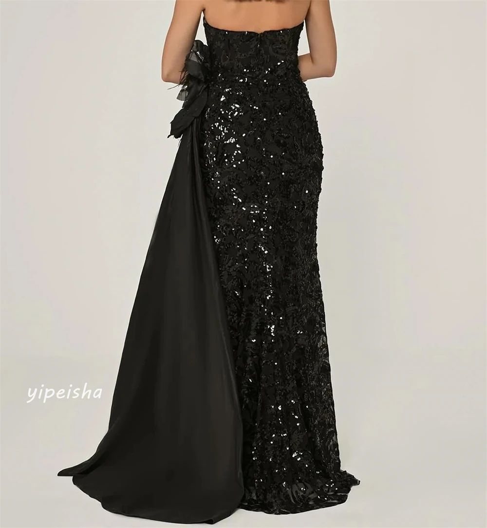 Jersey Sequined Applique Ruched Birthday A-line Strapless Bespoke Occasion Gown Long Dresses