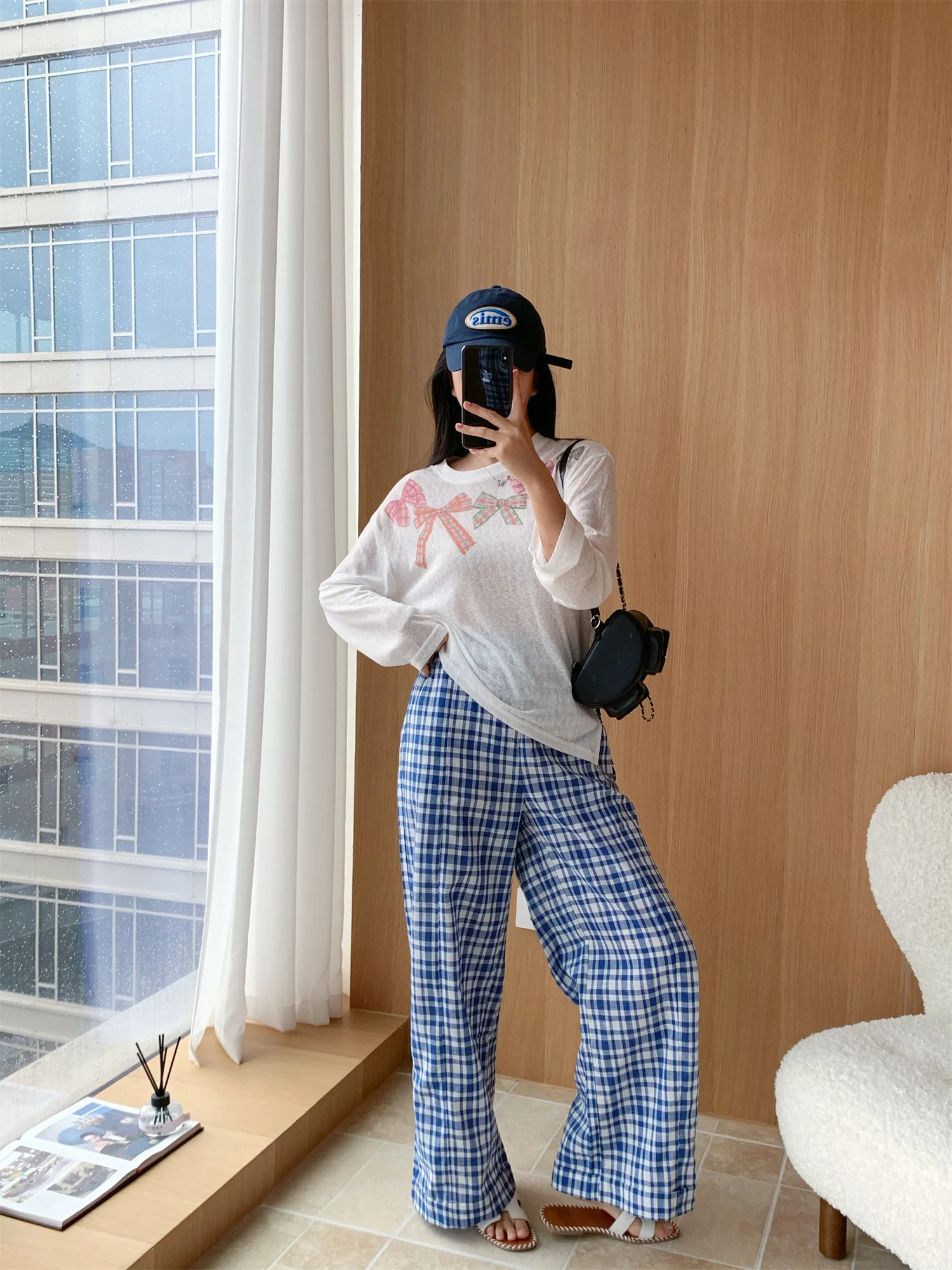 

Casual Plaid irt with Knot High Waist Loose Pants Irregular Hem Design Simple Sle Women's Autumn Faion