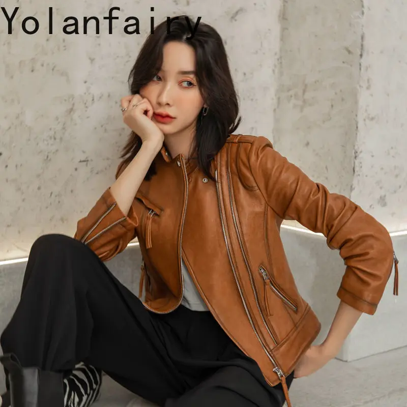 YOLANFAIRY-Chaqueta de piel de oveja para mujer, abrigo ajustado de estilo versátil, para motocicleta, primavera y otoño, novedad