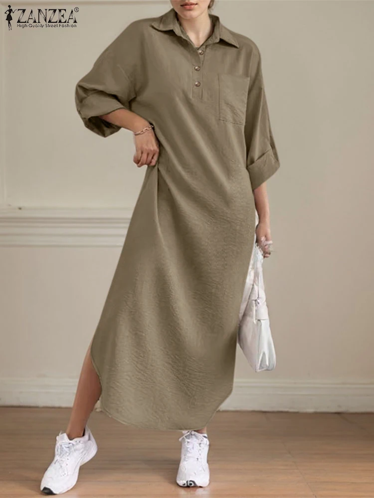 Elegante abito camicia solida 2025 ZANZEA Abiti primaverili Donna Elegante manica lunga Maxi abito Casual Solid Work OL Vestito estivo Oversize