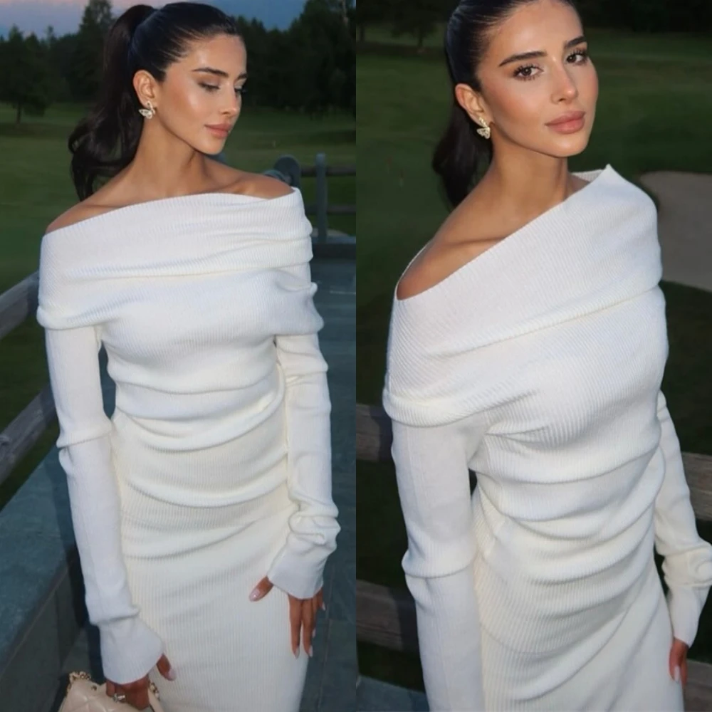 Vestido de fiesta suave de manga larga con cuello barco personalizado, vestido de fiesta formal blanco de sirena con pliegues, vestido de noche sencillo hasta el suelo