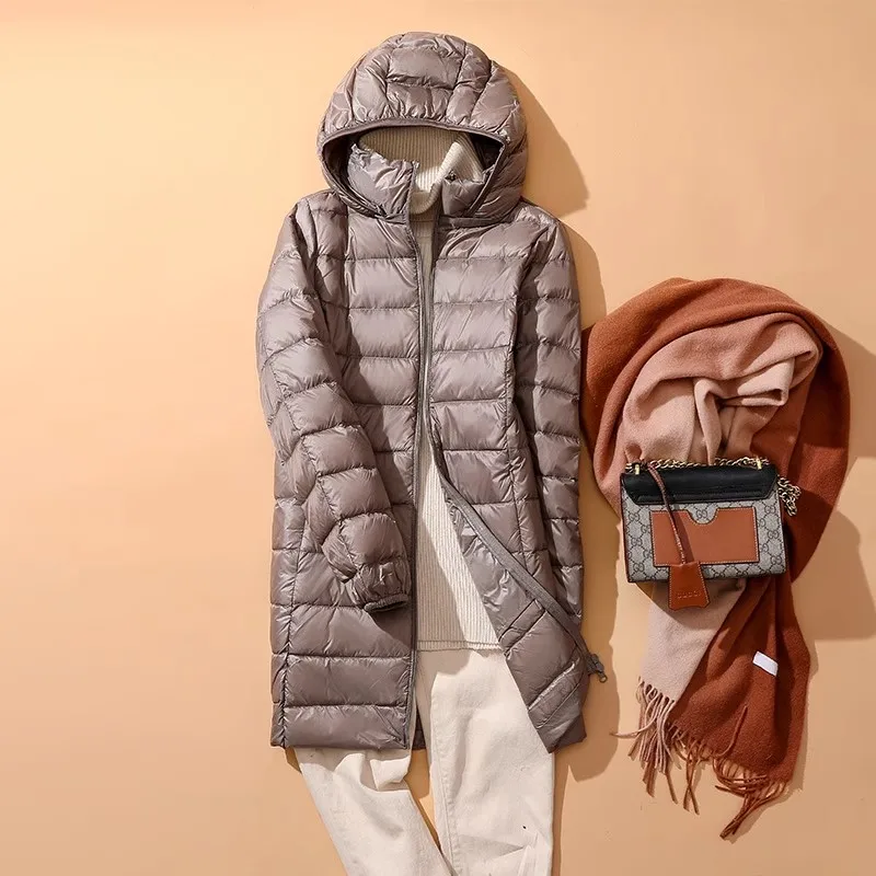 Hat Detachable Hooded Down Coat Winter Women Light Thin White Duck Down Jacket Parkas Ladies Warm Long Bigsize Puffer Outwears