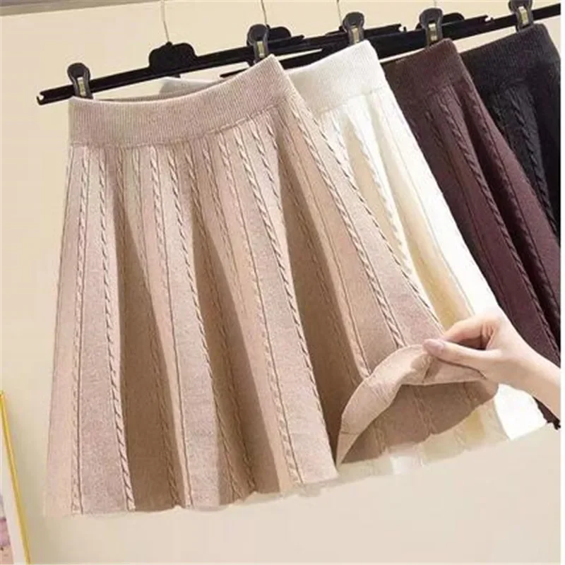 

Winter Warm Knit Pleated Short Skirt Women Elastic High Waist Sweater Skirts Autumn Solid Elastic Knitting Ribbed Mini Skirt