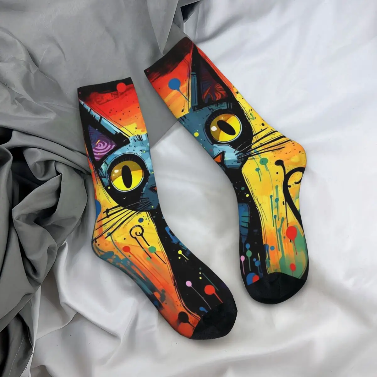 

Всесезонные чулки для экипажа, абстрактное искусство, модные носки с принтом кота, модные длинные носки, аксессуары для мужчин и женщин, подарки