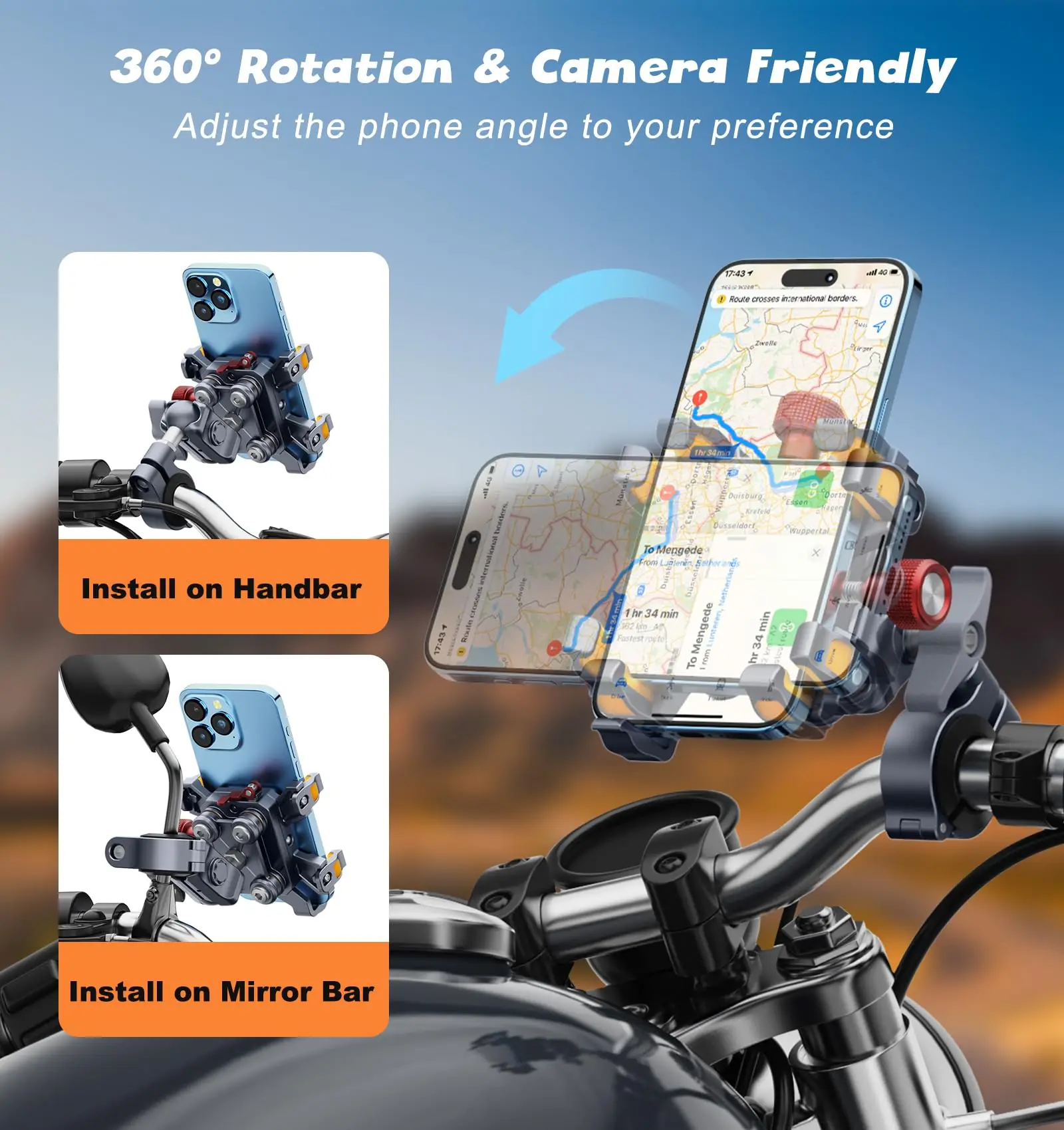 Aluminum Motorcycle Phone Mount Holder with Vibration Dampener & High-Speed Secure Lock for 6"-7.2" Phone