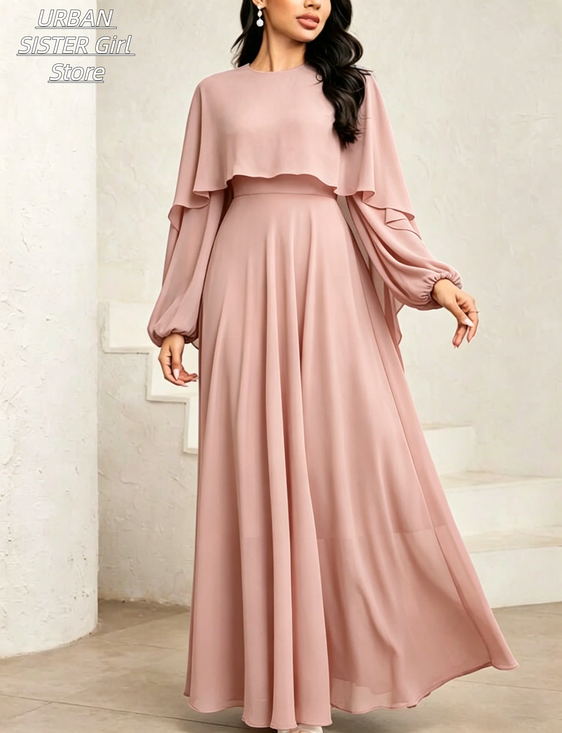 Nude Pink Round-Neck Cape Shawl Puff Long-Sleeve High-Waist Flowing Chiffon Long Dress, Elegant and Figure-Flattering Wedding Bridesmaid Banquet Gown view 4